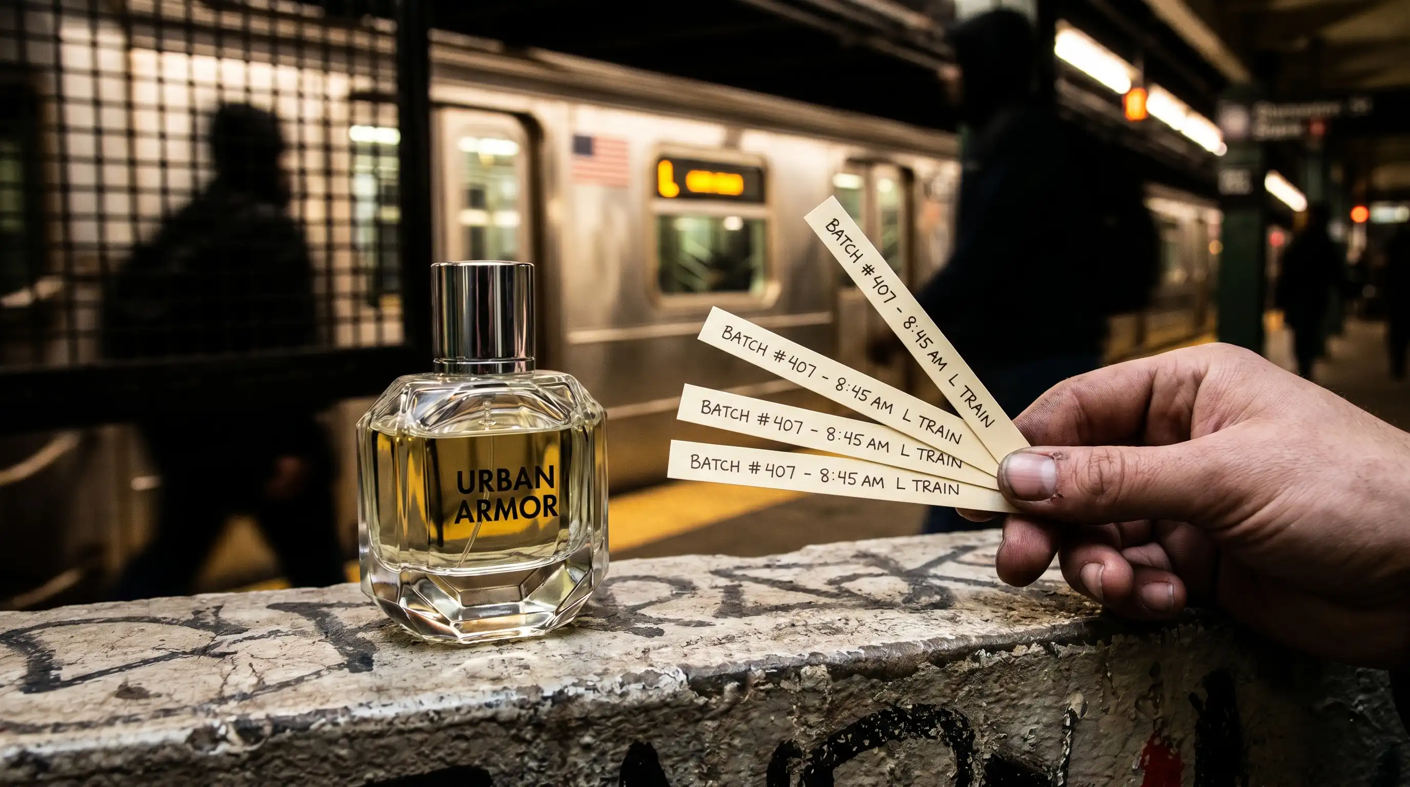 perfume bottle with scent strips on NYC subway platform