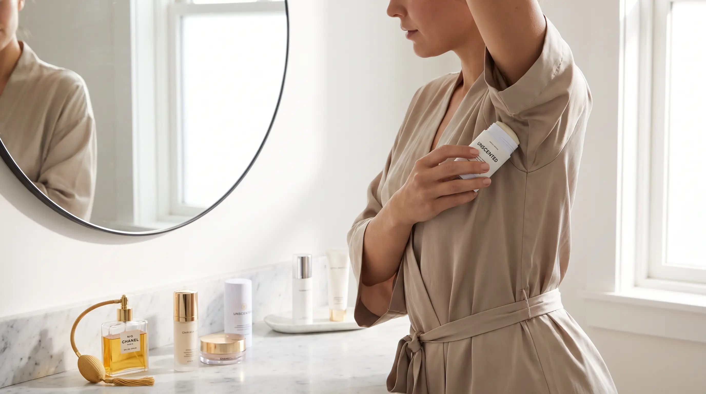 Applying deodorant before perfume as part of a fragrance layering routine