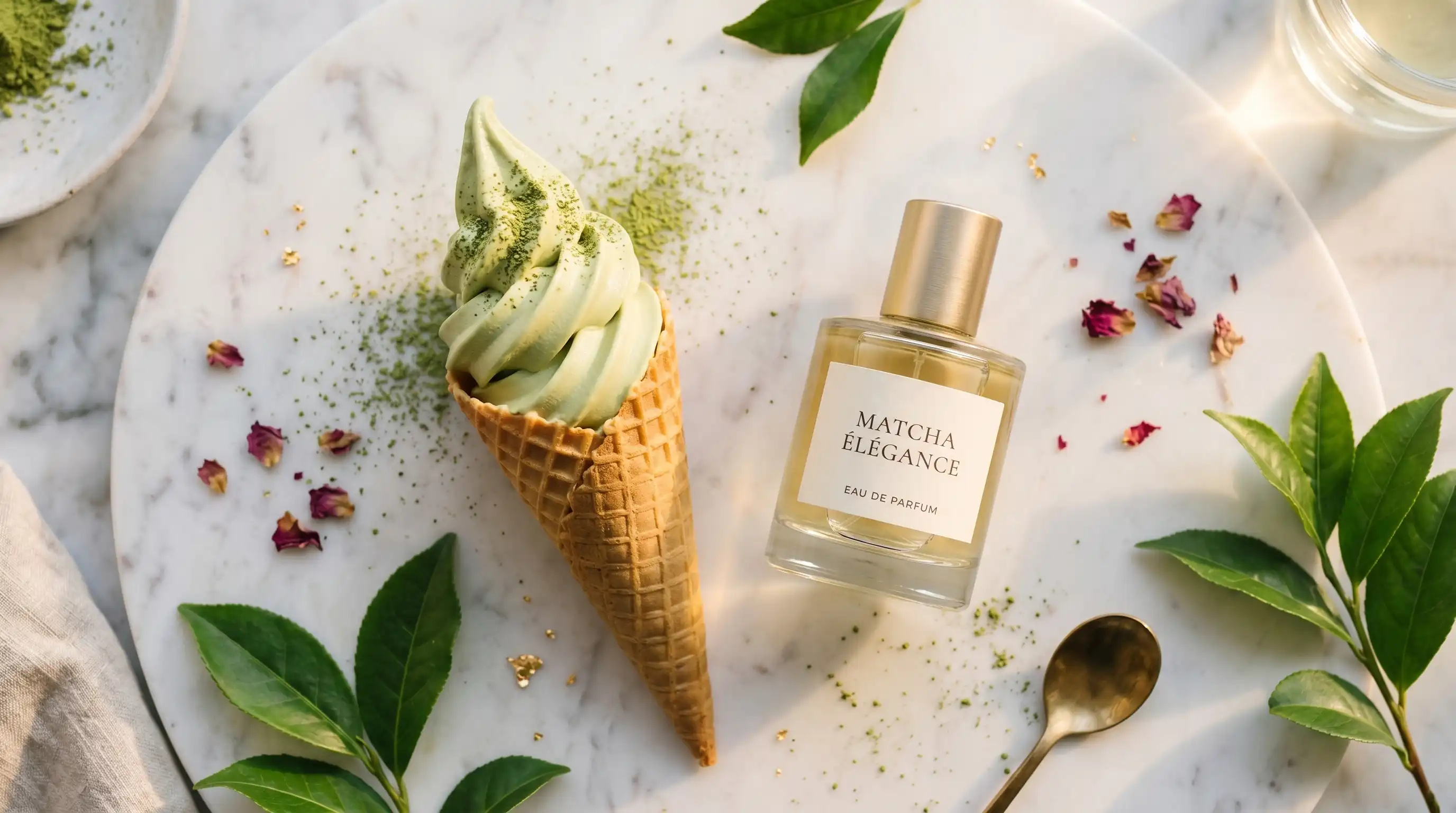 d'Annam Matcha Soft Serve perfume bottle beside a matcha ice cream cone on white marble with green tea leaves