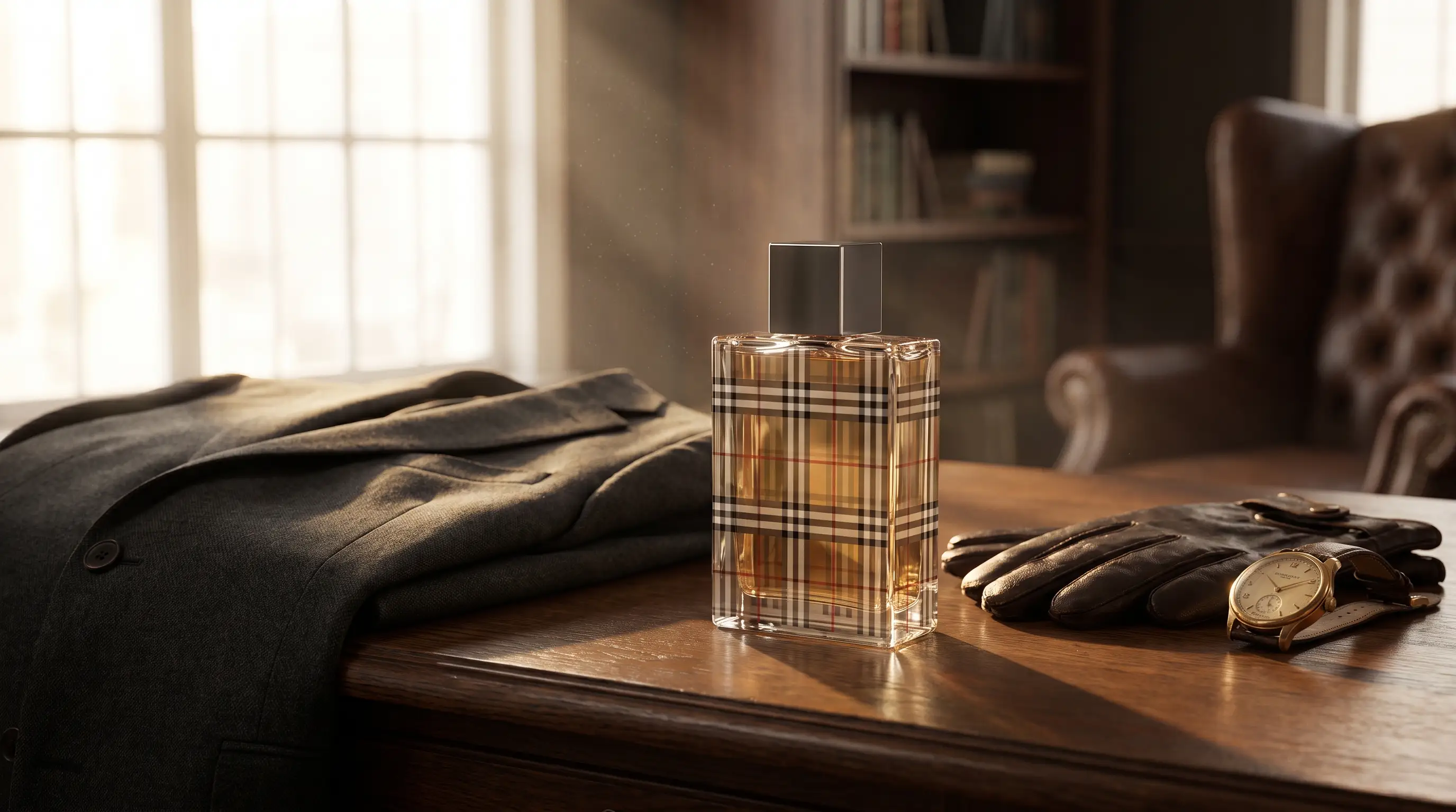 Burberry for Men perfume in a classic gentleman's luxury setting
