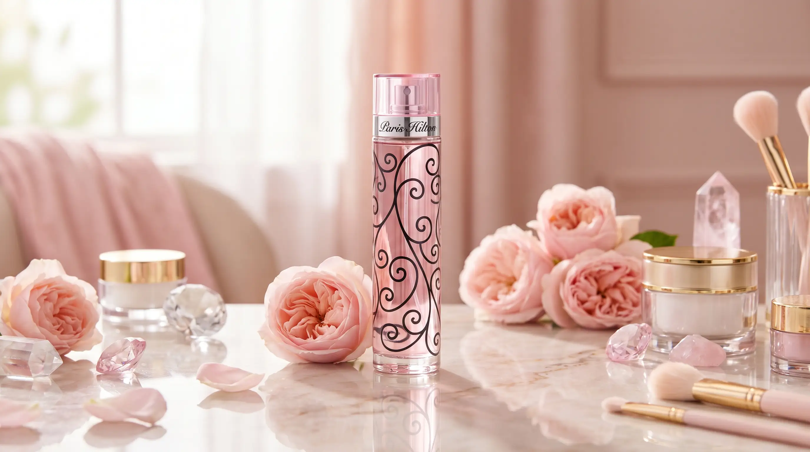 Original Paris Hilton perfume bottle displayed on a luxury pink vanity table