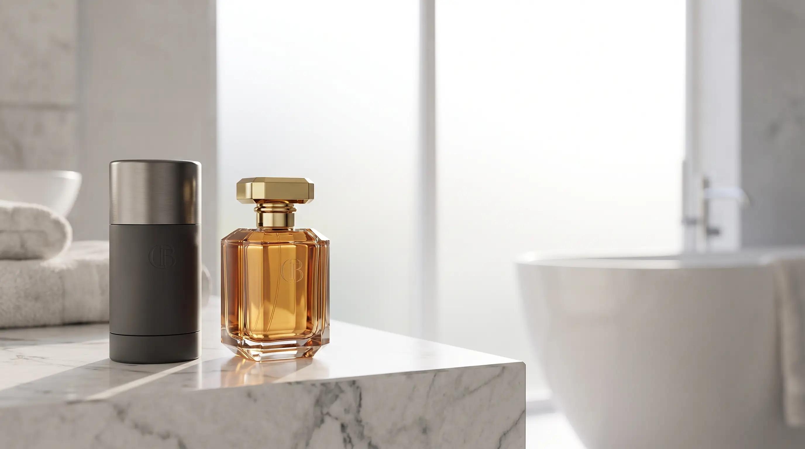 Luxury perfume bottle and deodorant stick displayed side by side for comparison