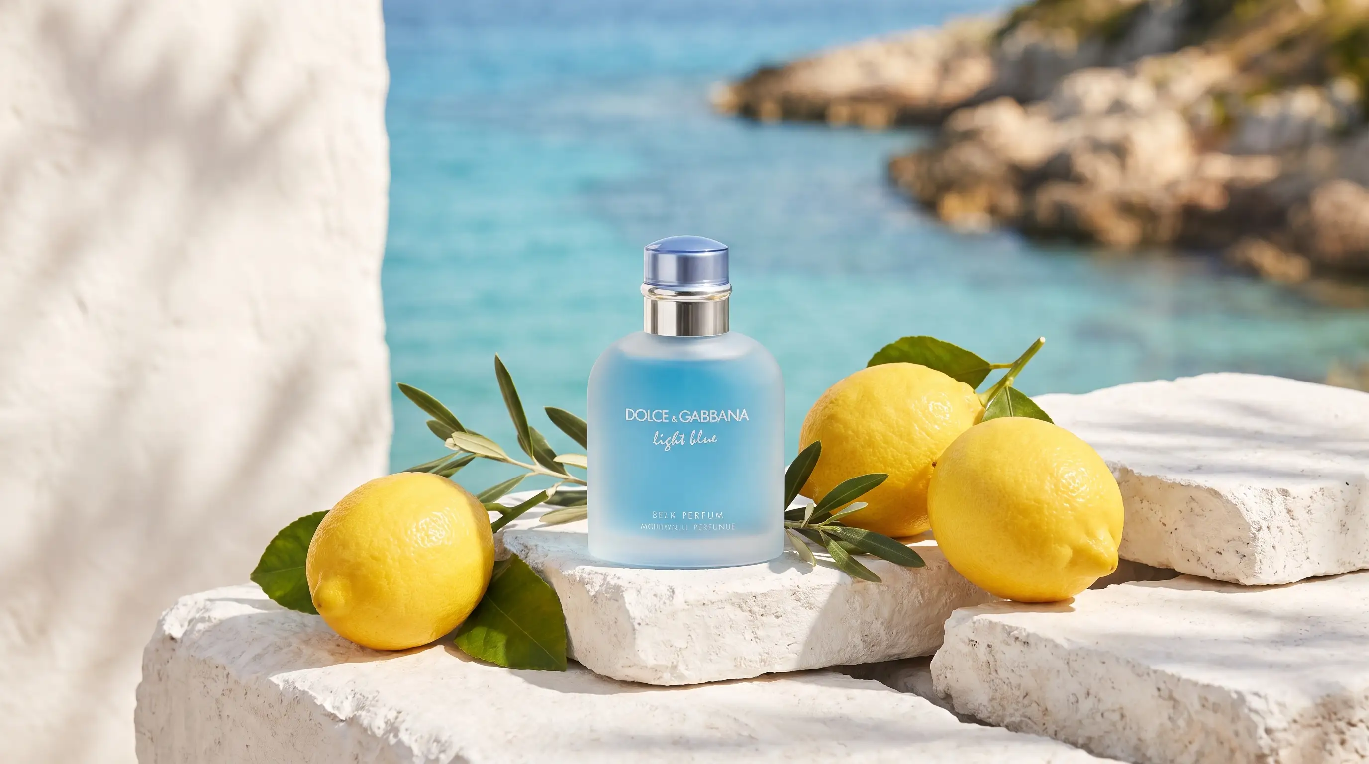 Dolce & Gabbana Light Blue perfume bottle with fresh Sicilian lemons by the Mediterranean Sea