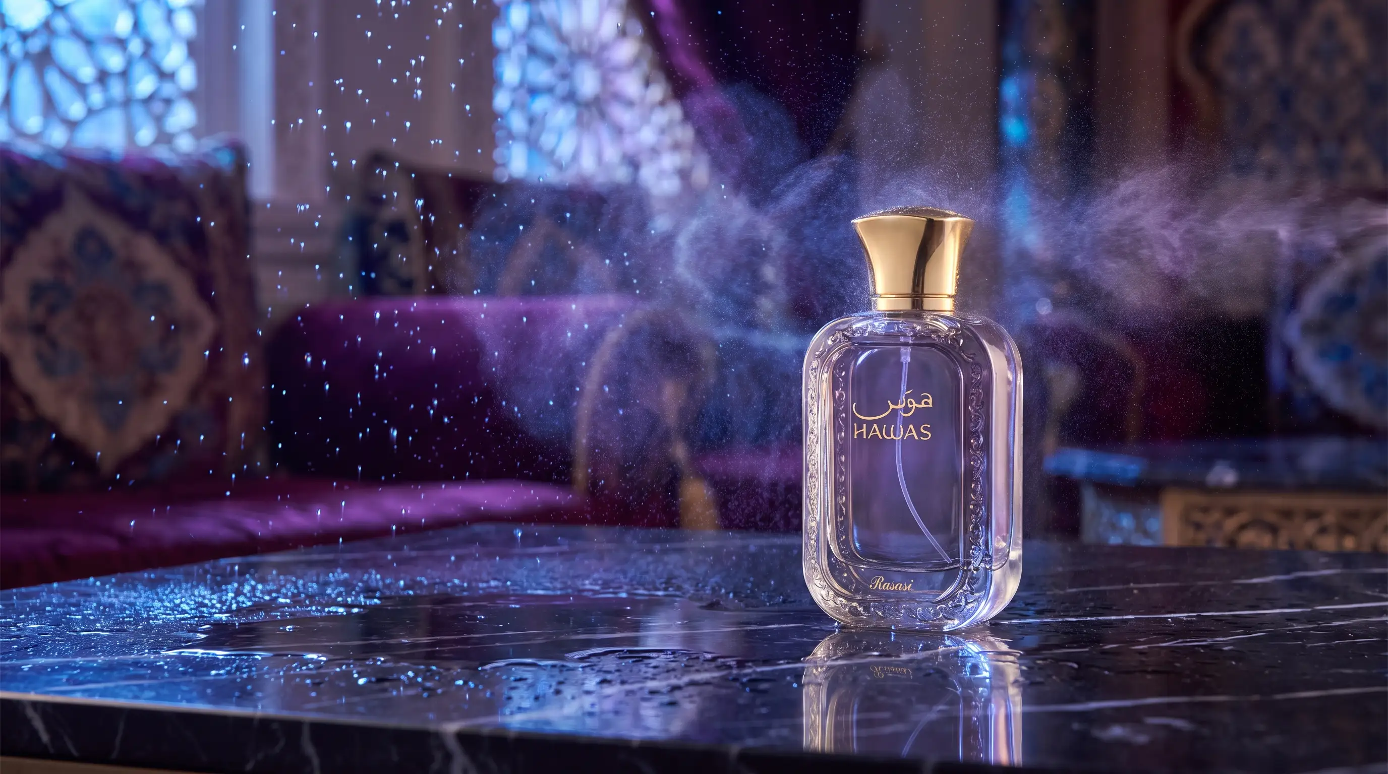 Rasasi Hawas perfume bottle representing its Middle Eastern heritage